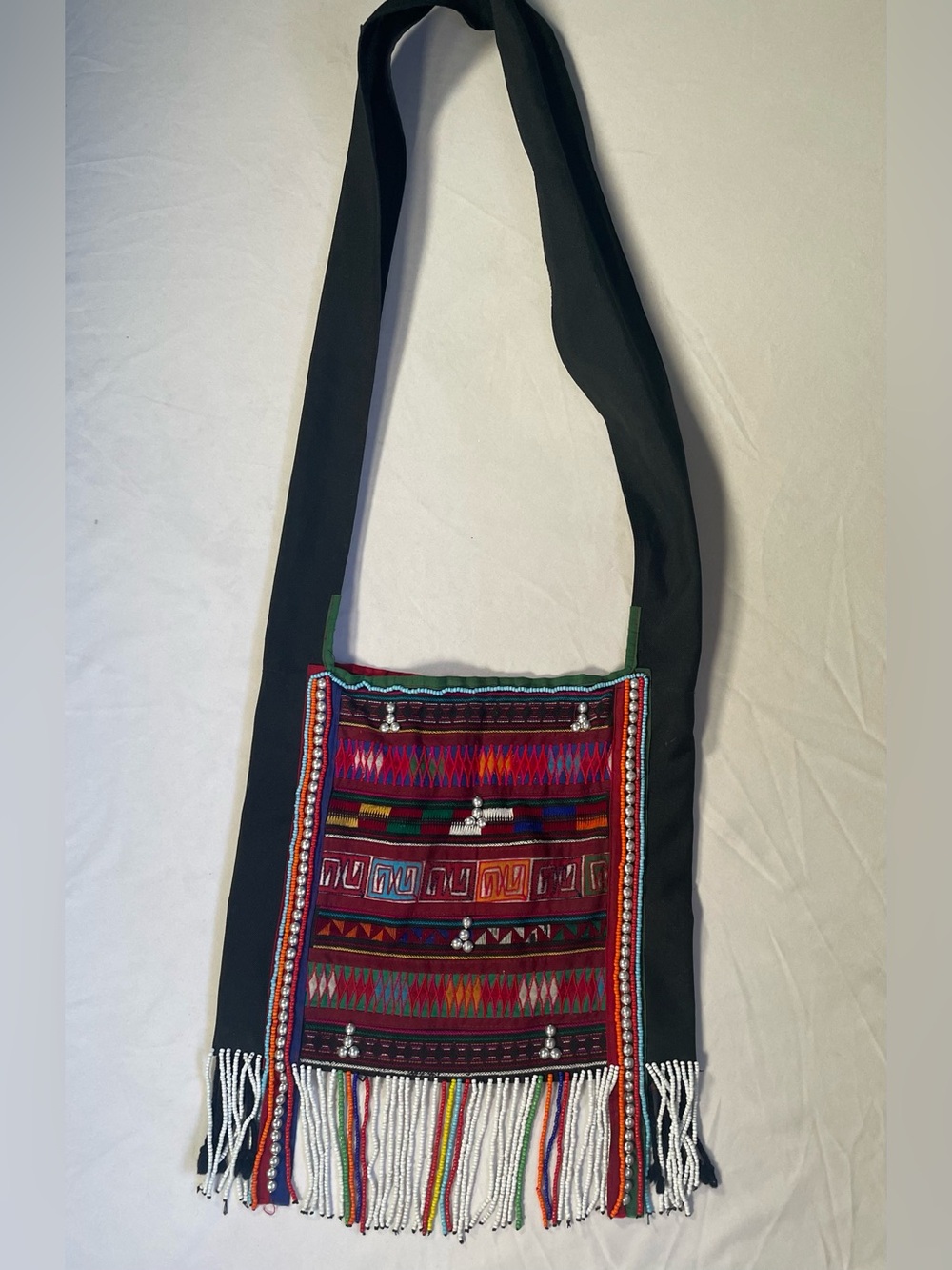 Ethnic Folk Art Boho Crossbody Bag Hand Woven Textile Beads Coiny Accents